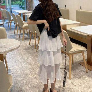 Asymmetric Short-sleeve Plain T-shirt / High-waist Pleated Layered Skirt