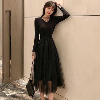 Long-sleeve Mesh-panel Glitter Dress