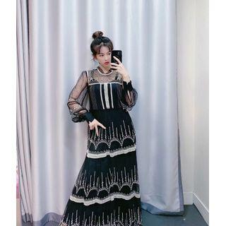 Mesh Panel Embroidered Long-sleeve A-line Maxi Dress