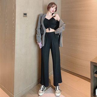 Plain Pleated Sleeveless Top / High Waist Wide Leg Pants