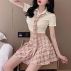Short-sleeve Crop Shirt / Plaid Pleated A-line Skirt / Neck Tie / Set