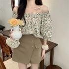 Short-sleeve Off-shoulder Floral Top / Plain Mini Skirt