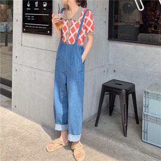 Cropped Wide-leg Suspender Jeans Denim Blue - One Size