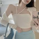 Plain Camisole Top / Knit Long-sleeve Cardigan / High-waist Knit Bell-bottom Pants
