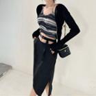 Long-sleeve Cardigan / Sleeveless Striped Top / Side-slit Skirt
