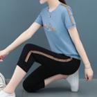 Set: Letter Embroidered Short-sleeve T-shirt + Cropped Jogger Pants