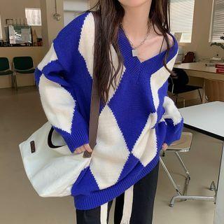 V-neck Argyle Long-sleeve Sweater Blue & White - One Size