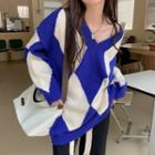 V-neck Argyle Long-sleeve Sweater Blue & White - One Size