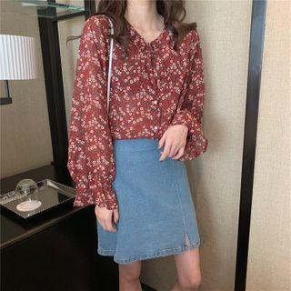 Floral Print Long Sleeve Blouse Red - One Size