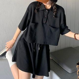 Set: Short-sleeve Plain Cropped Polo Shirt + Wide-leg Shorts