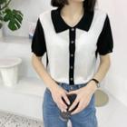 Short-sleeve Two-tone Button-up Knit Top