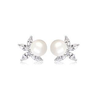 Fashion And Elegant Flower Imitation Pearl Stud Earrings With Cubic Zirconia Silver - One Size