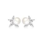Fashion And Elegant Flower Imitation Pearl Stud Earrings With Cubic Zirconia Silver - One Size