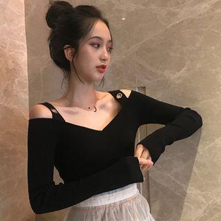 Cold-shoulder Knit Top Black - One Size