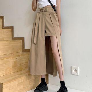 High-waist Asymmetrical Slited A-line Skort Khaki - One Size