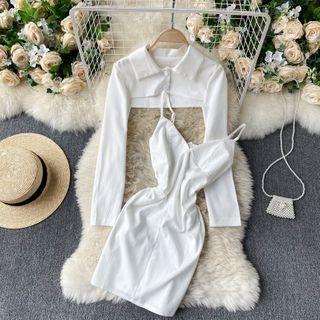 Set 2-piece : Long-sleeve Cropped Top + Spaghetti-strap Dress