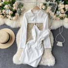 Set 2-piece : Long-sleeve Cropped Top + Spaghetti-strap Dress