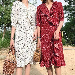 Dotted Ruffle Trim Elbow Sleeve Dress