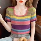 Short-sleeve Stripped Ribbed Knit Top