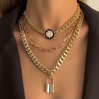 Set Of 3 : Lock Pendant Alloy Necklace + Flower Alloy Choker + Alloy Necklace Set Of 3 - Gold - One Size