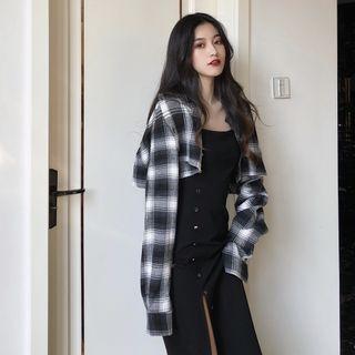 Long-sleeve Plaid Cropped Shirt / Spaghetti Strap Slit Midi Shift Dress