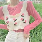 Long-sleeve Mesh T-shirt / Sleeveless Flower Knit Vest