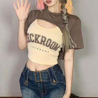 Set: Lettering Crop Tank Top + Short-sleeve Crop T-shirt