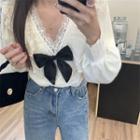 Long-sleeve Peter Pan Collar Lace Trim Bow Shirt White - One Size