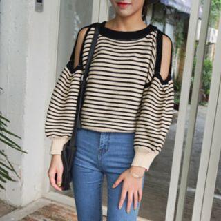 Cutout Shoulder Striped Sweater