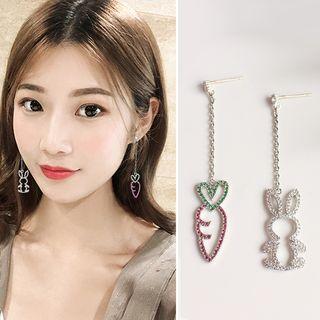 Asymmetric Rhinestone Rabbit Carrot Drop Earring / Clip-on Earring