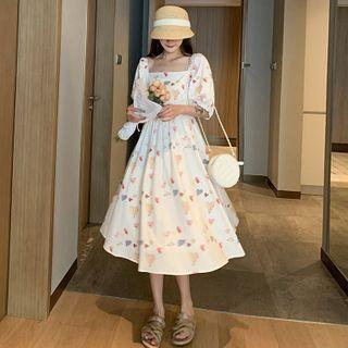 Puff-sleeve Cartoon Print Midi A-line Dress