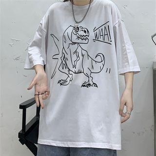 T-rex Print Elbow-sleeve T-shirt White - One Size