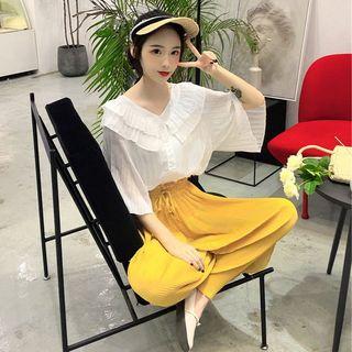 Plain Chiffon Top / High-waist Wide-leg Pants