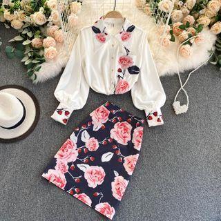 Set : Flower Print Long-sleeve Shirt + Flower Print Skirt