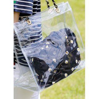 Chain-strap Transparent Tote Bag With Floral Pouch Black - One Size