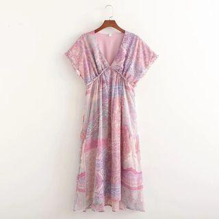 Cap-sleeve Print Midi A-line Dress