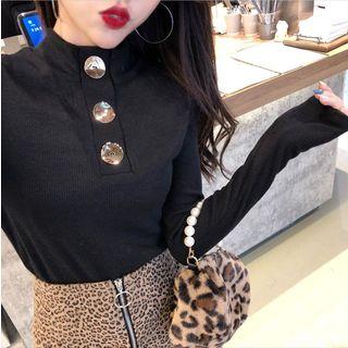 Buttoned Mock Turtleneck Long-sleeve Top