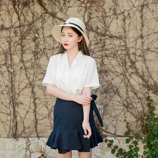 Notched-collar Short-sleeve Pinstripe Shirt