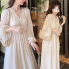 Long-sleeve V-neck Chiffon Midi Dress