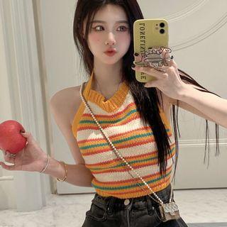 Halter-neck Striped Knit Top Orange & Green & Red & White - One Size
