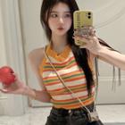 Halter-neck Striped Knit Top Orange & Green & Red & White - One Size