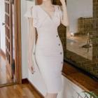 Buttoned V-neck Short-sleeve Bodycon Dress