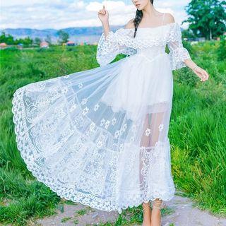 Floral Embroidered Off-shoulder Bell-sleeve Tie-waist Plain Slim Sheath Dress