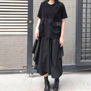 Short-sleeve Paneled T-shirt / Asymmetric A-line Midi Skirt