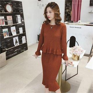 Set: Crew-neck Peplum Sweater + Midi Pinafore Dress Camel - One Size