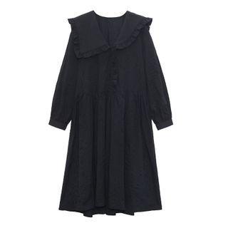 Long-sleeve Collared Midi Shift Dress Black - One Size