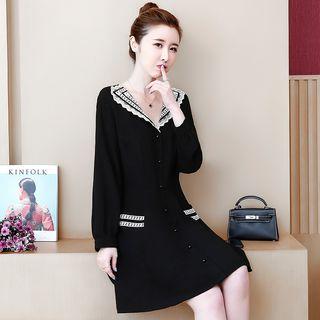 Long-sleeve Lace-trim A-line Shirt Dress