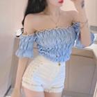 Short-sleeve Off-shoulder Ruched Blouse / Lace-up Shorts