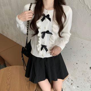 Ribbon Ruffled Cardigan / Pleated Mini A-line Skirt