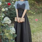 Set: Puff-sleeve T-shirt + Button-up Midi Overall Dress